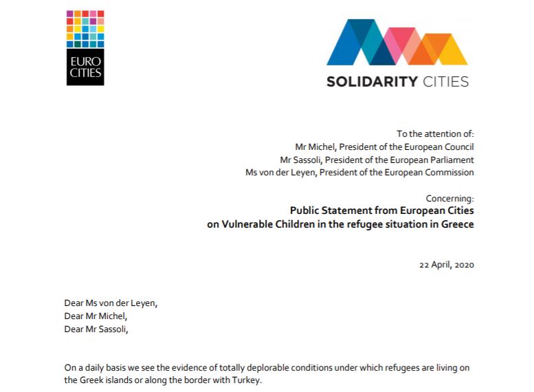 Eurocities letter by Ada Colau and other European mayors on unaccompanied migrant children in refugee camps 